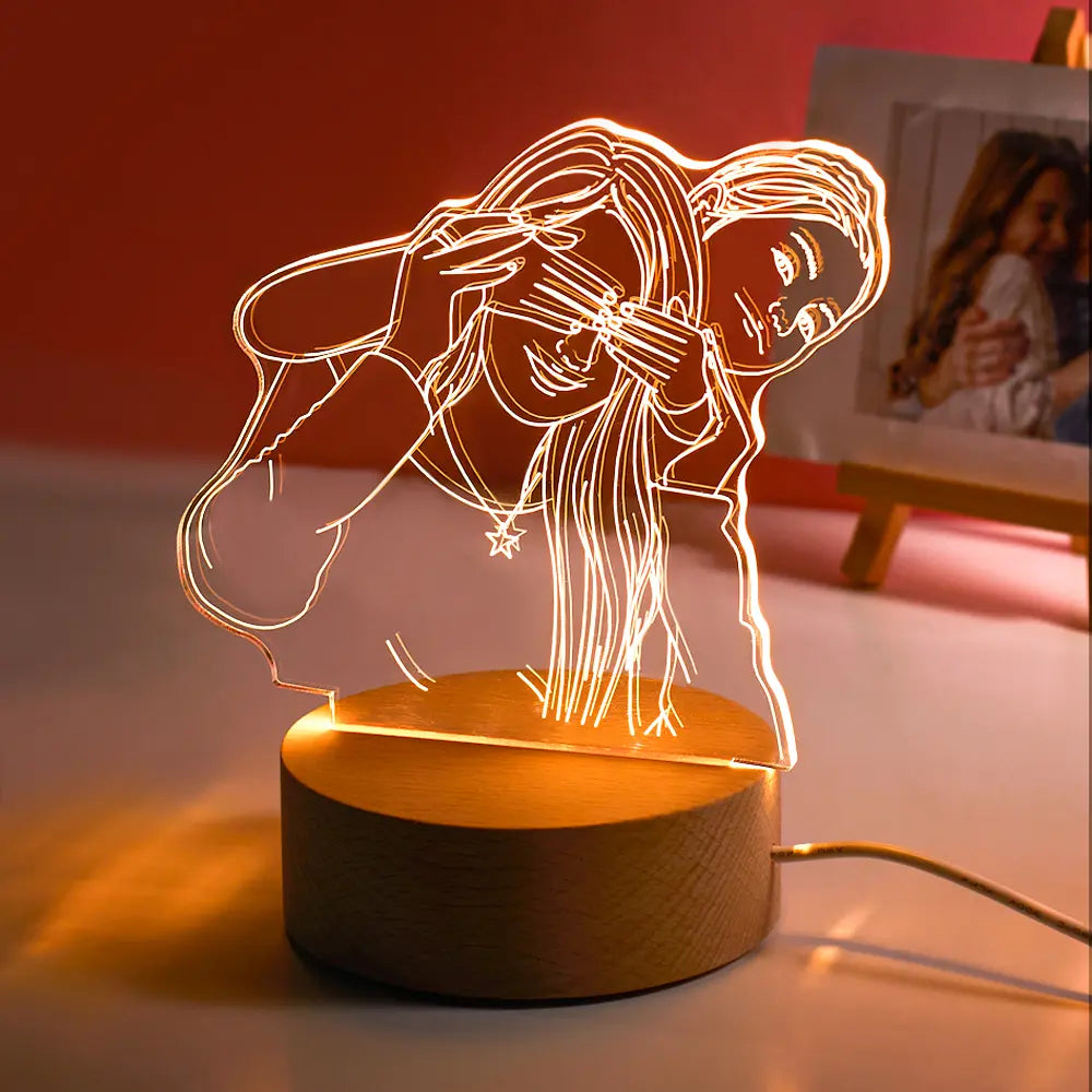 Custom 3D Photo Lamp LED Night Light, acrylic engraving of couple with warm base light, unique night light gift idea
