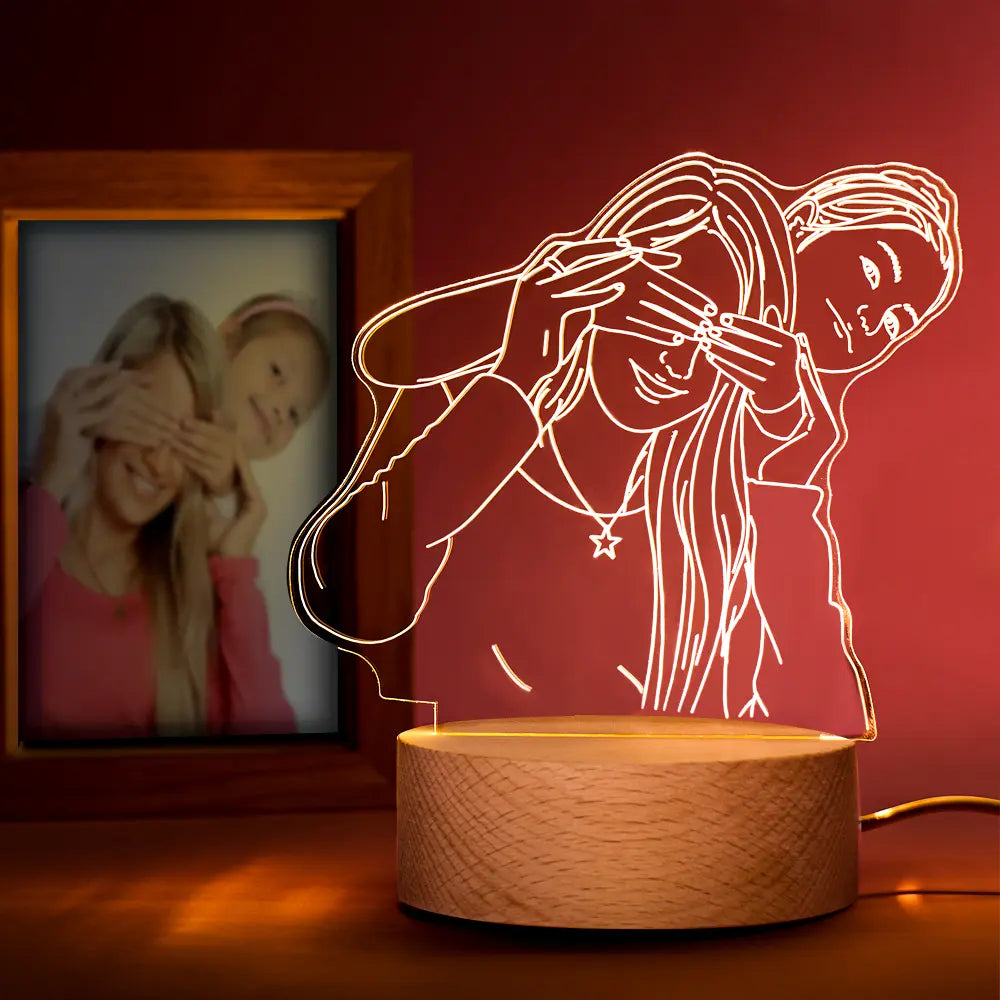 Custom 3D photo lamp with engraved couple, warm LED light, wood base. Unique gift idea.